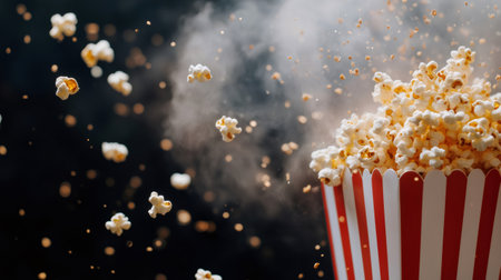 Popcorn exploding from a red and white striped container, creating a dramatic and delicious sceneの素材