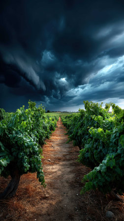 A dirt pathway winds through a vineyard filled with vibrant greenery as ominous dark clouds gather in the sky, suggesting an impending storm in the distance.の素材