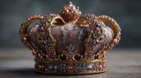 Intricate crown featuring delicate floral patterns and a stunning arrangement of gemstones reflects the artistry of historical royal design and craftsmanship.の素材