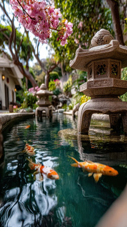 A peaceful garden setting features a pond filled with koi fish, surrounded by lush greenery and cherry blossom trees. Lanterns add charm to this tranquil retreat.の素材