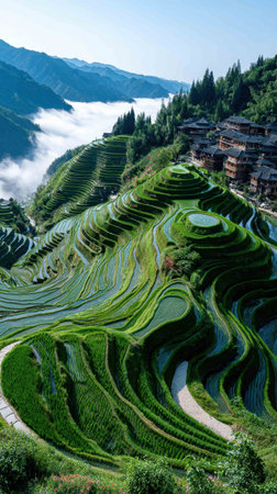 Morning sunlight illuminates vibrant terraced rice fields, creating a stunning landscape near a traditional village surrounded by mountains and mist. The blend of nature and culture captivates.の素材