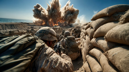Military soldiers crouch behind sandbags while an explosive detonation sends debris into the air near the coast. Tensions are high as they prepare for further action.の素材