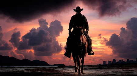 A cowboy on horseback traverses a sandy shore as the sun sets, casting vibrant colors across the sky and illuminating dark clouds. The coastal city forms a silhouette in the background.の素材