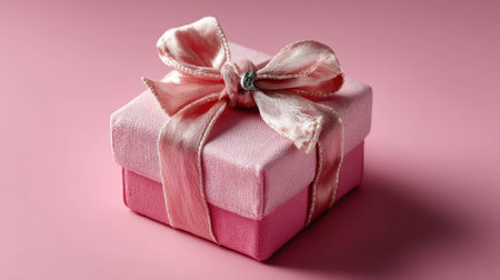 A beautifully wrapped gift box in shades of pink features a silky ribbon and an elegant bow, ideal for birthdays, anniversaries, or festive events. Its soft textured surface adds charm.の素材