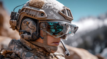 Combat soldier equipped with state-of-the-art goggles stands alert in a mountainous region. Snow complements the tactical gear while preparing for an intense training mission.の素材