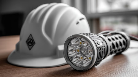 A hard hat and a bright flashlight sit on a wooden table typically found on construction sites. This arrangement highlights essential safety gear for workers during projects.の素材