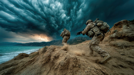 Two soldiers navigate a rocky terrain near the coast while carrying weapons, silhouetted against an intense sky filled with dark storm clouds and a hint of sunset.の素材