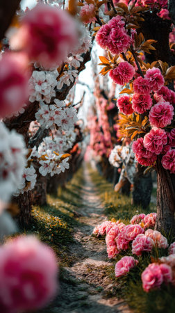 A winding path is lined with blossoming cherry trees, showcasing vibrant pink and white flowers. The scene captures the beauty of spring in a tranquil garden, inviting visitors to explore.の素材