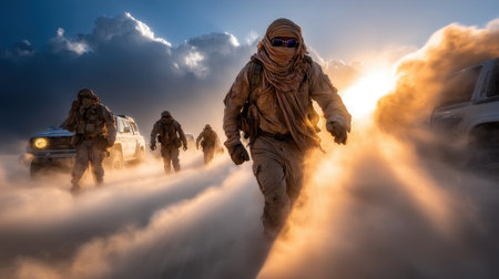 Armed forces move steadily through a hazy landscape filled with dust at sunset. The team is equipped with tactical uniforms, highlighting their readiness for action in a challenging environment.の素材