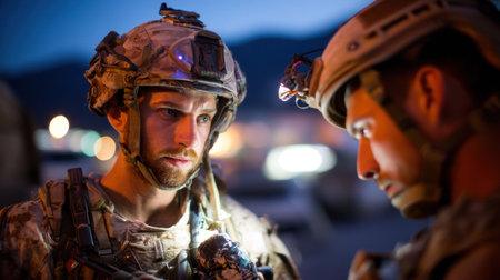 Two soldiers engage in serious conversation while wearing helmets and tactical gear. The background is dimly lit, reflecting the intensity of their mission under darkened skies.の素材
