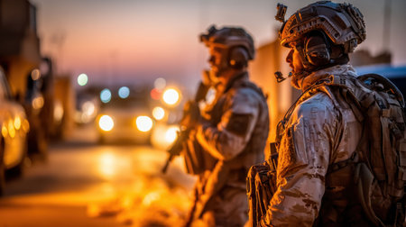 Two soldiers maintain a vigilant lookout during a military operation at dusk, surrounded by military vehicles and the warm glow of sunset lighting up the scene.の素材