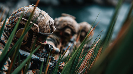 Equipped with advanced tactical gear, soldiers are stealthily moving through tall grass, preparing for a strategic operation near a serene body of water, demonstrating focus and teamwork.の素材