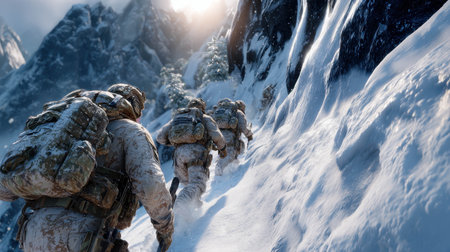 A group of soldiers clad in white camouflage ascends a snow-laden mountain trail. Their focus is on teamwork and navigating the challenging conditions of winter training.の素材