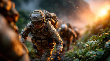 A group of soldiers climbs a rugged hillside surrounded by greenery and fading sunlight. Their focused expressions reveal their commitment to teamwork and perseverance in challenging conditions.の素材