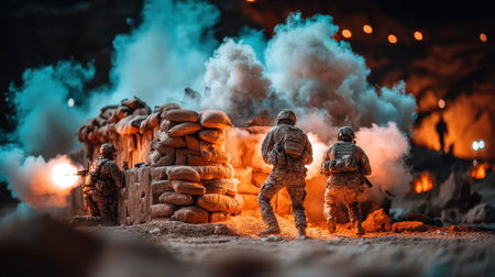 Troops are actively participating in a nighttime military training exercise. They use cover while smoke and explosions fill the scene, simulating combat conditions for enhanced preparedness.の素材