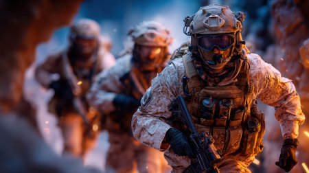 Group of soldiers in camouflage uniforms is advancing through rugged terrain at night. They are equipped with weapons and focused on their mission amidst smoke and dim lighting.の素材