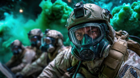 Soldiers wearing gas masks participate in a training exercise surrounded by vivid green smoke. The setting emphasizes their focus and readiness for action in a tactical scenario.の素材