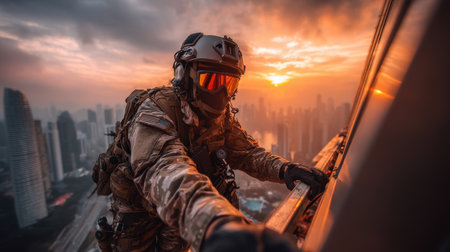 An elite soldier climbs the side of a towering skyscraper as the sun sets, illuminating the city skyline. The scene captures a moment of extreme bravery and skillful maneuvering.の素材