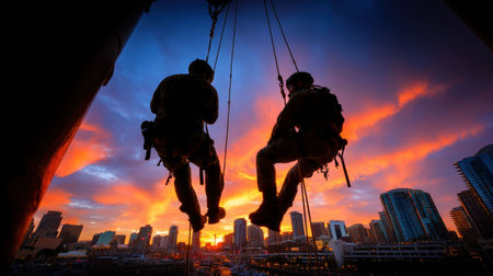 Two climbers are suspended mid-descent from a tall structure during sunset. The sky features stunning shades of orange and purple, framing a modern city skyline dotted with buildings.の素材