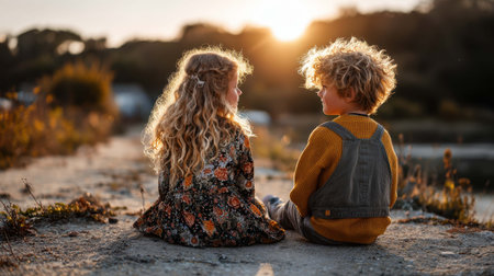 Two children sit on a dusty path, facing each other and sharing a moment as the sun sets behind them, casting a warm glow over the peaceful landscape and highlighting their playful costumes.の素材