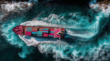 A large container ship navigates through bright turquoise waters, leaving a trail of frothy waves. The rocky coastline contrasts beautifully with the ocean's vibrant color under a clear sky.の素材