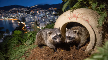 Two raccoons emerge from a cozy burrow, curiously exploring their surroundings under the night sky, with a vibrant city lit up in the background.の素材