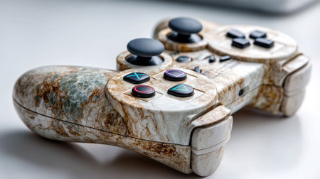 A distinctive gaming controller with marbled patterns sits on a smooth surface, highlighting its textured design and buttons. This controller appeals to gamers and collectors alike.の素材