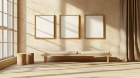 Modern minimalist interior design featuring wooden furniture, picture frames, and ample natural lightの素材