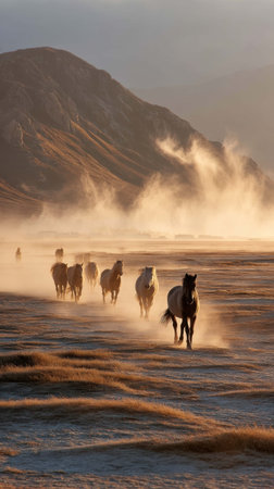 Wild horses run energetically across a dusty, golden terrain as the sun sets behind mountains. The scene is filled with clouds of dust and the beauty of nature's colors.の素材