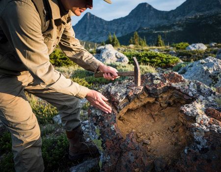 A geologist is carefully studying a rock formation in a mountainous area. They use a hammer to break the rock surface while surrounded by vibrant nature and rugged cliffs in the background.の素材
