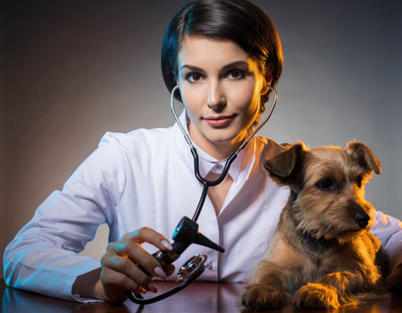 A veterinarian in a white coat examines a small dog using a stethoscope in a well-lit clinic environment. The professional atmosphere highlights the importance of animal health.の素材