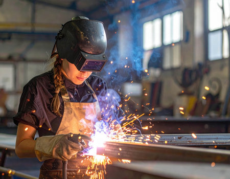 A female welder in protective gear focuses on her work in a busy workshop. Bright sparks fly as she welds metal pieces together during the day.の素材