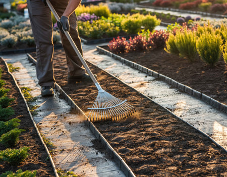 A gardener is raking freshly turned soil in a colorful flower garden as sunlight shines through in the early morning. The plants around add beauty to the scene.の素材