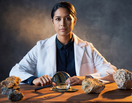 A scientist in a white lab coat focuses intently on geological samples arranged on a table. The room is dimly lit, enhancing the atmosphere of concentration and discovery.の素材