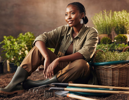 A woman sits comfortably in a garden surrounded by fresh plants and gardening tools. She wears practical clothes and smiles while enjoying the harvest season.の素材