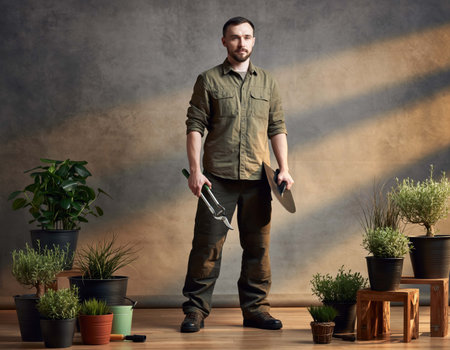 A gardener stands confidently in an indoor setting, surrounded by a variety of healthy plants in pots. Sunlight streams through the window, highlighting their tools.の素材