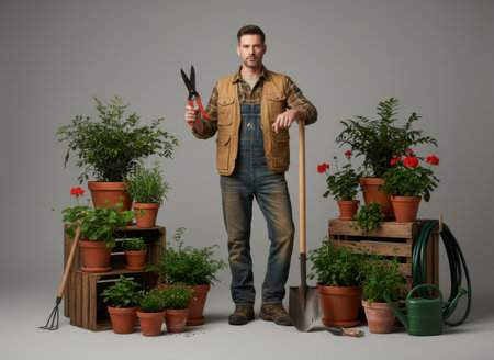 A dedicated gardener stands confidently in a studio, holding shears. Surrounded by various potted plants, he showcases his passion for gardening and plant care.の素材