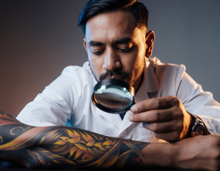 In a tattoo studio, a focused tattoo artist carefully inspects a vibrant tattoo on a client's arm using a magnifying glass. The detailed work showcases artistry and skill.の素材