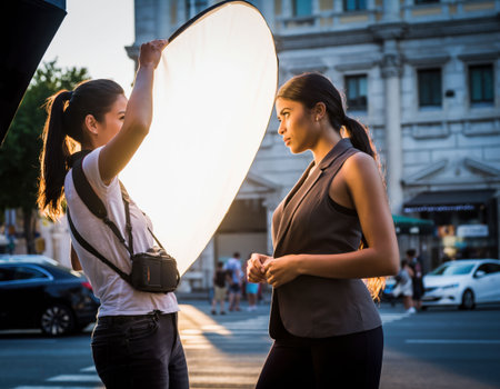 A model stands confidently while a photographer assists with a reflector to enhance natural sunlight during a bustling street photoshoot at sunset.の素材