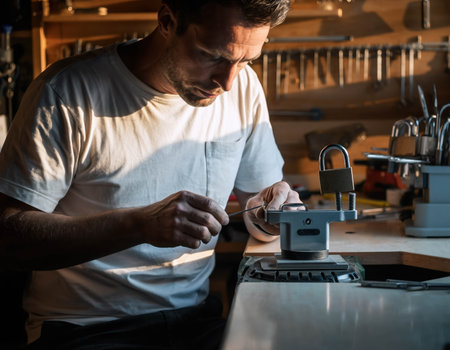 A man is focused on repairing a lock, surrounded by various tools in a workshop. The warm afternoon light enhances the scene, highlighting his concentration and craftsmanship.の素材