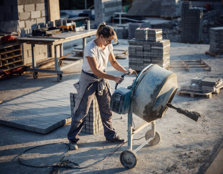 A young woman focuses on operating a concrete mixer at a busy construction site. She wears work clothes and is helping to prepare materials for building.の素材