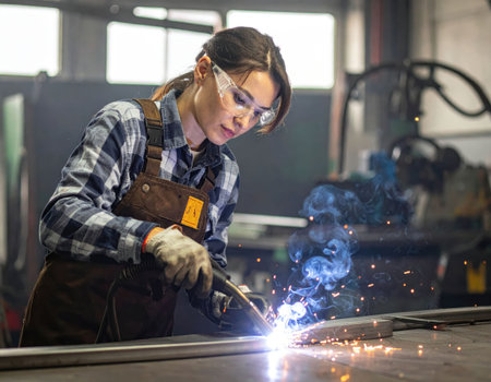A young woman wearing safety gear diligently welds metal in an industrial workshop. Sparks fly as she focuses on her task, demonstrating expertise and dedication to her craft.の素材