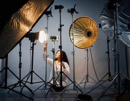In a well-equipped photography studio, a photographer carefully adjusts a light fixture while surrounded by various lighting tools and softboxes. The atmosphere is focused and creative.の素材