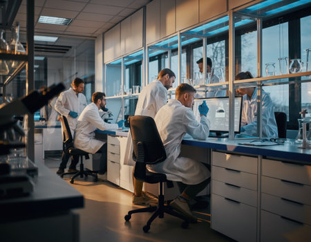 Five scientists in lab coats engage in various tasks at laboratory workstations. They analyze samples and collaborate on research, with natural light filtering through large windows.の素材