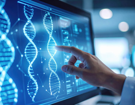 A researcher focuses on DNA sequences displayed on a computer screen, showcasing advanced genetic analysis tools in a contemporary laboratory environment. The atmosphere is high-tech and innovative.の素材
