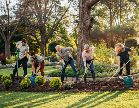 A group of five individuals works together in a vibrant park, digging and planting new flowers along a garden bed. Sunlight shines down, creating a warm atmosphere for their community project.の素材