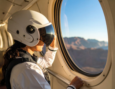 A person wearing a flight helmet looks out of an airplane window, observing a stunning sunset illuminating distant mountain peaks. The atmosphere is calm and focused.の素材
