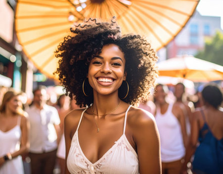 A joyful woman with curly hair and a sparkling smile is at an outdoor festival. She wears a light dress and stands under a large umbrella, surrounded by other festival-goers enjoying the sunny day.の素材