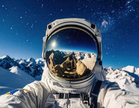 An astronaut, wearing a white spacesuit, captures a selfie on a snowy mountain peak. The clear sky reveals bright stars, highlighting the stunning landscape around.の素材