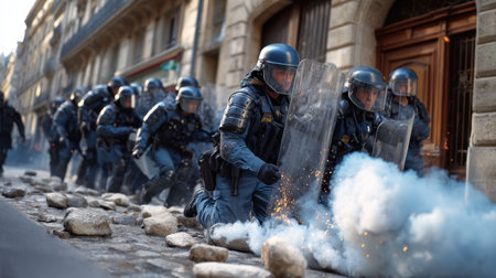 Demonstrators clash with law enforcement in a city setting, as riot police advance with shields amid smoke and debris. Tensions rise during intense protests on the street.の素材